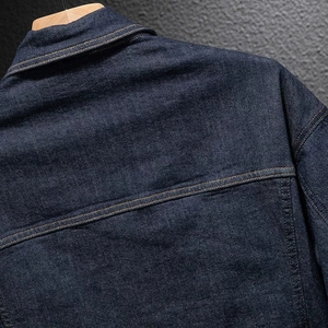 Veste en jean de style motard polyvalente à col montant et à capuche, bleu foncé, lavée et enduite, pour hommes - Product Image 3