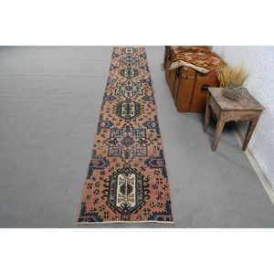 Turkish Vintage Patchwork Rug 2x12.2 ft (61x372 Cm) <b>Brown</b> Bordered <b>Wool</b> with Latex Backing Eco-Friendly - Product Image 1