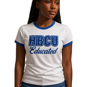 HBCU mujeres educadas Chenille contraste Trim Ringer camiseta blanca con letras bordadas azules algodón Collegiate Campus Wear - Product Image 1