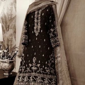 Nouvelle robe brodée sur KURTA avec brocart LEHENGA embellit les perles de verre en cristal, DABKA pour les tenues de fête/mariage @ 2022 - Product Image 1