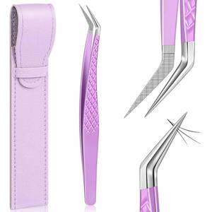 Pinzas de extensión de pestañas de acero inoxidable púrpura de alta precisión de primera calidad Punta de fibra antideslizante Pinzas de pestañas de volumen fáciles de usar - Product Image 1