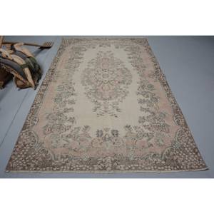 Alfombra turca vintage clásica beige marrón 5,6x9,4 pies de lana de retazos de área grande con respaldo de látex para pasillo o dormitorio - Product Image 1
