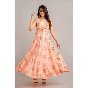 Robe longue évasée sans manches imprimée fleurs pêche SHKUP1367, taille unique, taille élastique, respirante, durable, grande taille, pour le quotidien - Product Image 2