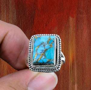 Hecho a mano 925 anillo de plata esterlina sólida cobre Natural turquesa forma octogonal bisel ajuste incrustaciones joyería de plata estampada a mano - Product Image 5