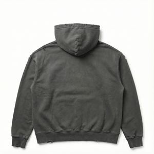 Sudadera con Capucha para Hombre, Estilo Pesado, Lavado Ácido, Bordada, de Algodón y Felpa, con Gráficos de Pedrería, Dobladillo sin Rematar, Estilo Holgado, Ecológica - Product Image 2