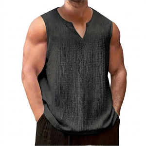 Camiseta sin mangas con cuello en V para hombre, blanca, informal, transpirable, de algodón tejido, de color sólido, holgada, para verano - Product Image 6