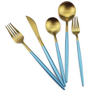 Customize LOGO Metal Dinnerware Set Premium Quality <b>Gold</b> Mirror Polished Cutlery Set with Flat Portable Long Handle Cutlery Set - Product Image 5