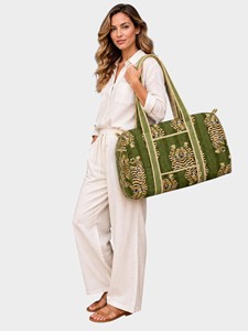 Sac de voyage en coton imprimé tigre vert, grande capacité, sac de week-end - Product Image 1