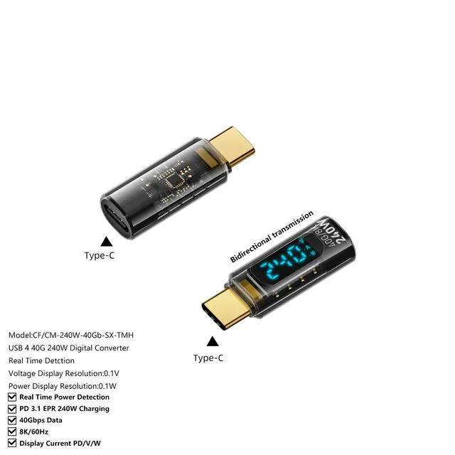 PD240W USB Type C Adapter Fast Charging USB4.0 40Gbps Adapter for Laptop and Power Cables with Led Display