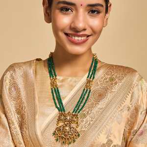 Silver Temple <b>Necklace</b> 170372 Ethnic Oxidised Gold Polish <b>Long</b>/Layered Beads Chain Ruby-Green Beads for Religious Ceremony Gift - Product Image 1