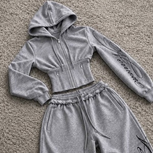 Chándal de Forro Polar con Logotipo Personalizado OEM para Mujer, Sudadera Corta con Cremallera y Corsé Gris de Alta Calidad, Chándal Ajustable con Tirantes para Mujer - Product Image 3