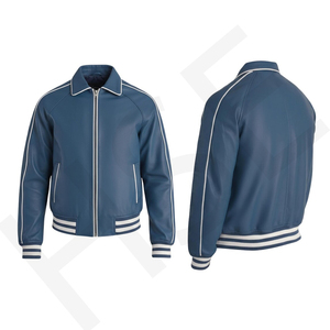 Chaqueta Universitaria de Cuero de Vaca Azul Hecha a Mano - Product Image 1