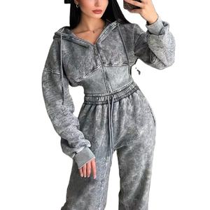 Conjunto de 2 Piezas de Sudadera con Capucha de Felpa de Algodón para Mujer, Talla Grande, Personalizado, Sudadera Corta con Cremallera y Pantalones Deportivos con Lavado Ácido Desgastado - Product Image 1