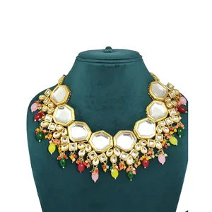 Ensemble de colliers en acier inoxydable à double couche multicolores Meenakari Kundan, bijoux fins vintage avec perle pour les mariages et les cadeaux - Product Image 4
