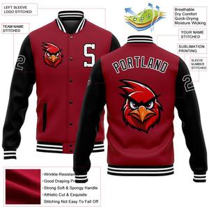 Bombardier personnalisé Cardinal noir-blanc à motifs 3D Veste Varsity Letterman à boutons-pression coupe-vent Veste Varsity pour homme - Product Image 2