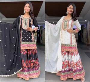 Par de Sharara Negro estilo Bollywood con bordado Impresión digital Faux Far Fabric para ropa de fiesta de Damas Indias pakistaníes - Product Image 6