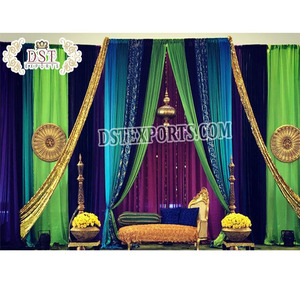 การตกแต่งผ้ามุงหลากสีสําหรับการติดตั้ง Sangeet การตกแต่งธีมนกยูงล่าสุดสําหรับ Sangeet ฉากหลังเวที Sangeet ที่มีสีสัน - Product Image 1
