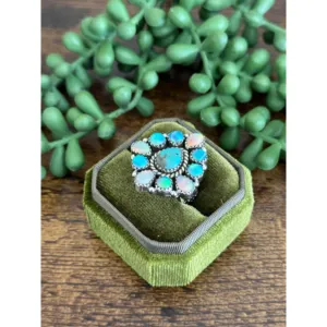 Southwest Handmade Boho Opal & Multi Stone Sterling <b>Silver</b> <b>Adjustable</b> Cluster <b>Ring</b> - Product Image 3