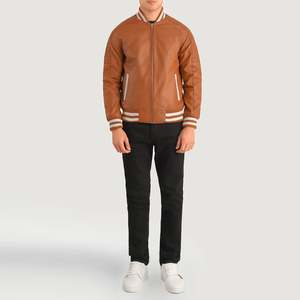 Chaqueta Varsity de Piel de Oveja Marrón Pascal Tan, Estilo Casual Urbano, Detalles Bordados, Tallas XS-XL, Otoño, Impermeable, PU - Product Image 3