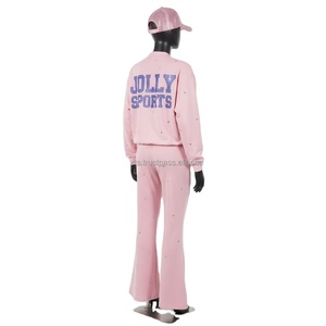 Conjunto Deportivo Premium para Mujer, 280 GSM, Rosa Suave, Rosa Cristal, con Pedrería, Logotipo Personalizado por Transferencia Térmica, Ropa Casual, Tallas Grandes - Product Image 4