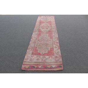 Vintage Rug, 2.8x10.6 ft Turkish Rug, <b>Red</b> White Ikat <b>Wool</b> Rug - Product Image 1
