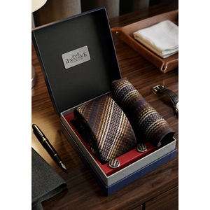 Brown <b>Navy</b> Beige Ethnic Patterned Tie Pocket Square Cufflink Set with Custom Logo All in PU Leather Gift Box Made Silk Polyester - Product Image 1