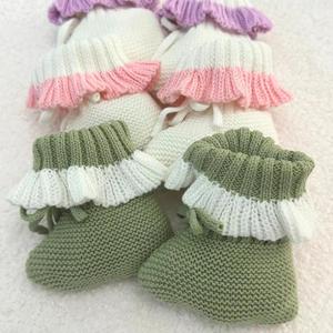 <span class=keywords><strong>Bottes</strong></span> en <span class=keywords><strong>tricot</strong></span> pour bébé fille de 0 à 6 mois Chaussettes en coton crocheté avec bord à volants Chaussons confortables en coton pur doux épissé Lilas Fleck Chaussons - Product Image 2