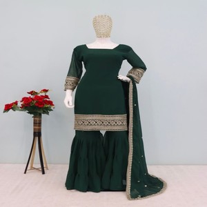Conjunto Kurti Palazzo de Georgette Sintética Pesada VASTRA COTTAGE para Mujer, Bordado con Lentejuelas, Diseño Étnico - Product Image 6