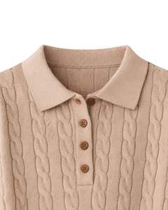 <b>Womens</b> Beige Cable Knit Polo Collar Sweater Long Sleeve Button Placket Soft <b>Warm</b> Winter Casual Pullover <b>Top</b> For Wholesale Buyers - Product Image 5