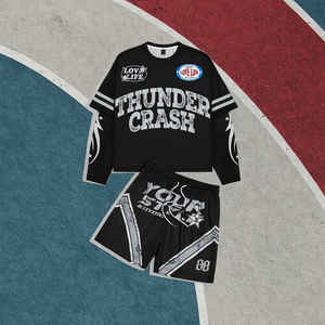 Custom <b>Long</b> Sleeve Double Layer T Shirt Screen Print Jersey Stripe Mesh <b>Shorts</b> Set Jersey Boxy Crop <b>Men</b> Tshirt and <b>Shorts</b> Set - Product Image 1