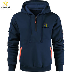 Neavy Blue Casual Pullover Hooded Sweatshirt Long Sleeve Quarter Zip Hoody <b>Tops</b> With Kangaroo Pocket for men - Product Image 2