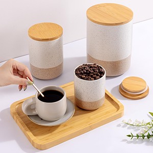 Juego de recipientes de cerámica de lujo con tapa de madera, herméticos, para cocina, organizadores de despensa duraderos para té y café - Product Image 2