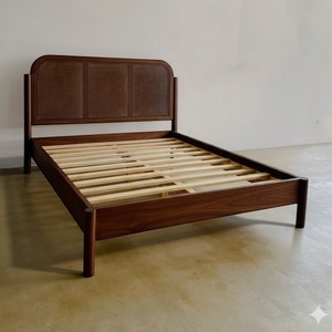 Base de Cama de Plataforma de Madera de Nogal Oscuro de Estilo Moderno de Mediados de Siglo, Listones de Madera de Teca Maciza Tejida con Ratán Natural, Muebles de Dormitorio Tamaño Queen y King - Product Image 3