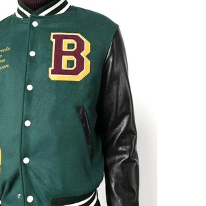 Venta al por mayor de chaquetas de bombardero verde Varsity para hombre con logotipo personalizado impreso de talla grande chaquetas con letras universitarias de béisbol con cuello levantado - Product Image 6