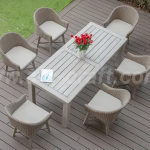 Moderno 6-pz Rattan PE vimini Set da pranzo tavolo in legno per giardino esterno per uso domestico Hotel elegante Patio Set di conversazione