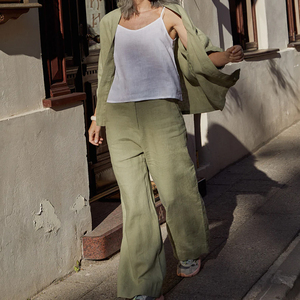 Premium personnalisé décontracté mince couleur unie léger taille élastique jambe droite pantalon pantalon en lin pour les femmes - Product Image 5
