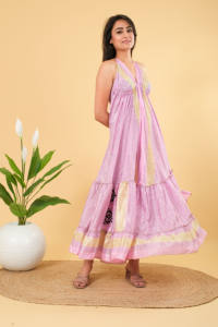 Robe longue en soie à dos nu style bohème, motif floral, impression sérigraphique durable, style de fête - Product Image 2