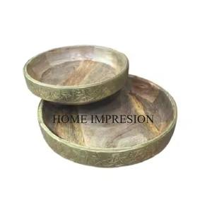 Plateau de service de fruits secs en bois de qualité supérieure de luxe plateau de service en bois plateau en bois fabriqué à la main forme ronde décor de table à manger - Product Image 2