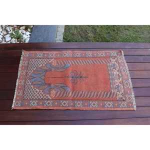 Vintage Turkish Rug 2x3.3 ft, <b>Red</b> Abstract <b>Wool</b> Rug - Product Image 3