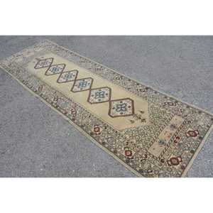 Vintage Rug, 3.5x10.9 ft Turkish Rug, <b>Brown</b> Blue Floral <b>Wool</b> Rug - Product Image 2