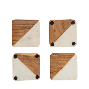 Dessous de verre carrés en bois d'acacia et marbre blanc fabriqués à la main en usine personnaliser sous-verre en bois utilisé à des prix abordables - Product Image 1