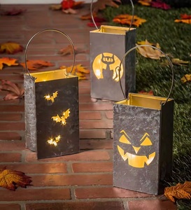 <b>Outdoor</b> Halloween Decorations Metal Galvanized Lantern <b>Candle</b> <b>Holder</b> Bag Shape Silver & Gold Hanging Lantern - Product Image 4