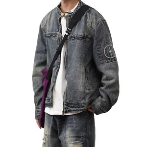 แจ็กเก็ตผ้ายีนส์แบบย้อนยุคสำหรับผู้ชายเสื้อแจ็กเก็ตผ้ายีนส์แนวสตรีทแบบเย็บปักติดแขนเสื้อแบบลำลอง - Product Image 1