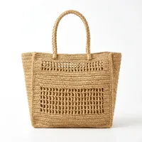 Sac fourre-tout bohème en raphia de Madagascar ANA avec doublure en coton, option logo personnalisé, couleur unie, sac de shopping d'été pour femmes