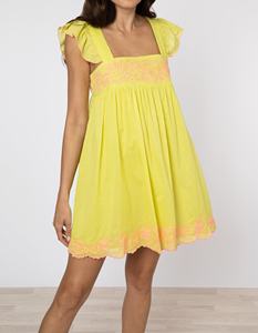 Robe pour poupée adulte avec broderie rose fluo, 100% coton, entièrement doublée, fermeture éclair invisible, coupe trapèze, mi-mollet, décontractée, été - Product Image 3