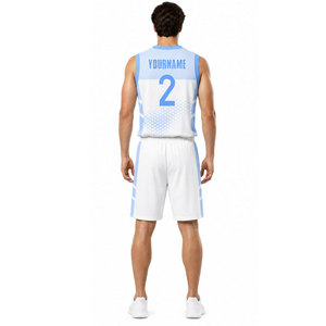 Ensemble de maillots de basket-ball sublimés personnalisés, blanc et bleu, nom de l'équipe, numéro 2, col en V, sans manches, uniforme en maille, adulte, unisexe, respirant - Product Image 5