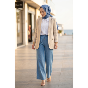 Pantalon en denim Tencel bleu clair avec taille haute élastique et jambe large, style décontracté en toile respirante avec poches - Product Image 3