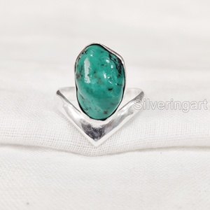 Joyería de piedra en bruto Anillo de mujer Turquesa natural Piedra preciosa cruda Piedra natal de Diciembre V Corona Banda Fiesta Anillo de plata esterlina 925 - Product Image 3