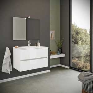 FSC MIX Glossy White LED Lamp Wall-Hung Base Unit <b>with</b> 2 <b>Drawers</b> 80 cm Ceramic Sink Flush <b>Mirror</b>-Complete Bathroom Set - Product Image 1