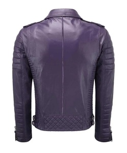 <b>Men's</b> Purple Genuine Leather Slim Fit Turn-down Collar Zipper Closure Quilted Shoulder Regular Sleeve Winter Style Waterproof - Product Image 2
